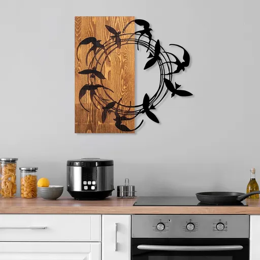 Decoratiune de perete, Spiral Birds 1, Dimensiune: 58 x 58 cm, Nuc / Negru