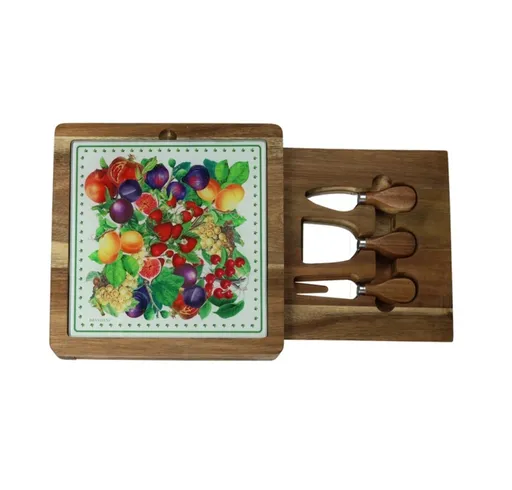 Set servire branzeturi, tocator si cutite, Le Primizie Fresh Fruits, Brandani, 24x24 cm, lemn/ceramica/sticla