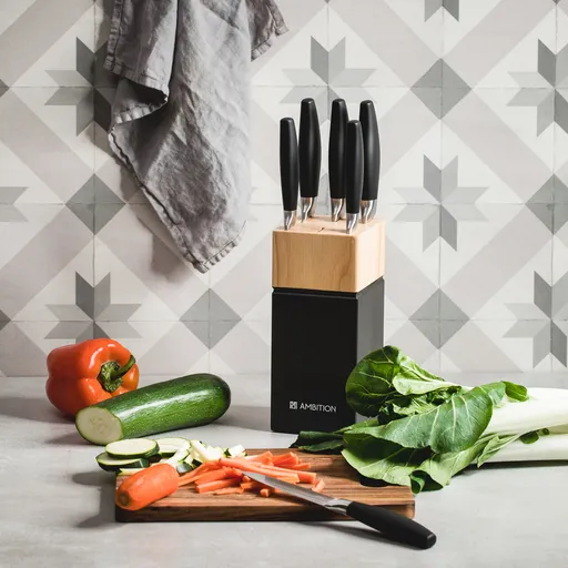 Set cutite 7piese cu suport din lemn Magnat, Ambition, otel, negru