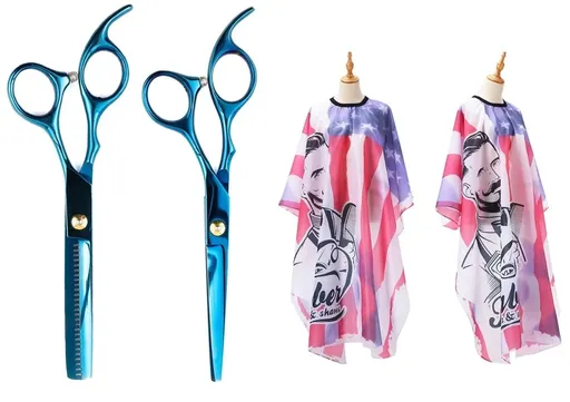 Set Kit Foarfece Profesionale de Tuns si Filat Metallic Blue Amy Group + Manta Tuns Barer