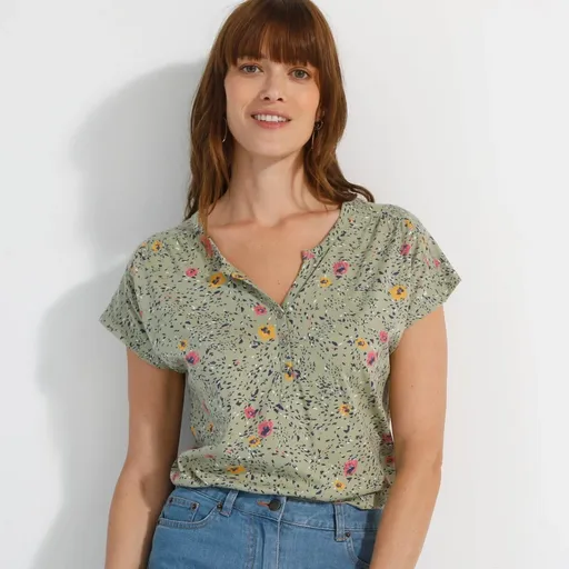 Tricou cu decolteu tunisian, mâneci scurte și imprimeu