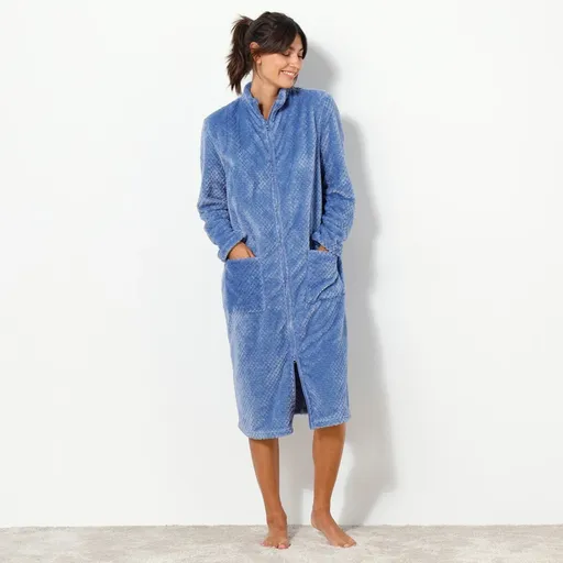 Halat de baie din fleece cu fermoar, guler ridicat și textură