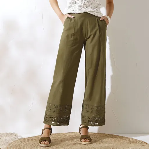 Pantaloni largi 7/8, broderie Madeira