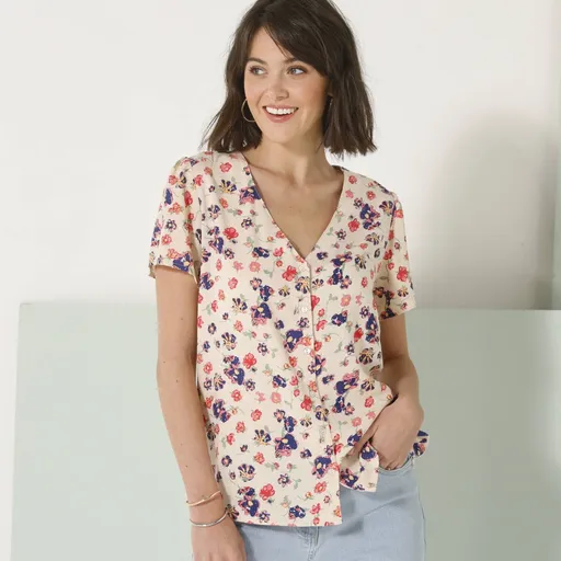 Bluză cămașă cu model floral și broderie