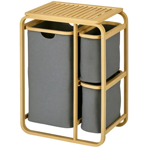 HOMCOM Coș de rufe cos de depozitare coș de rufe murdare din bambus 3 coșuri - 49l x 33P x 70H cm gri | Aosom Romania