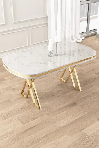 Masa, Hanah Home, Zae, 168x76x90 cm, Marmură albă/aur