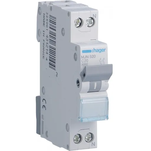 Siguranta automata 1P+N, 20A, curba C, 4.5kA Hager MJN520