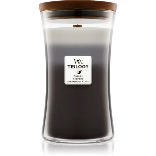 Woodwick Trilogy Warm Woods lumânare parfumată cu fitil din lemn 609.5 g