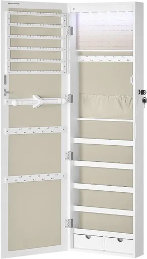 Cabinet pentru bijuterii cu LED-uri, oglinda si fixare usa/perete Songmics, 36.7 x 10 x 120 cm, MDF/catifea/sticla, alb