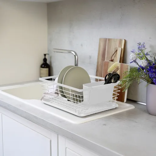 Scurgator de vase cu suport pentru tacamuri Drip, Wenko, 36x30x15 cm, metal/polipropilena, alb