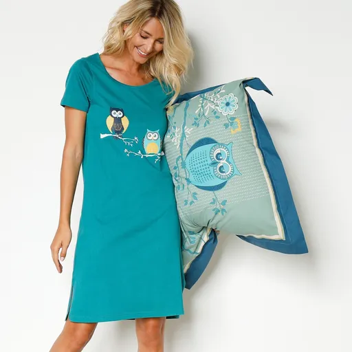 Cămașă de noapte scurtă cu mâneci scurte și imprimeu cu bufnițe