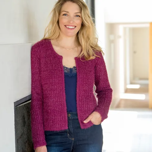 Cardigan scurt din țesătură tricotată cu grămadă și fibre metalice