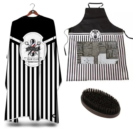 Set Frizerie Hair Club cu Pelerina Tuns si Sort Frizerie cu Buzunar din Piele Ecologica si Perie Fade Ovala