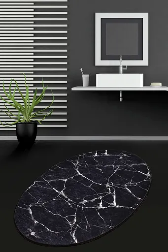 Covoras de baie, L'essentiel Maison, Marble Djt, 80x120 cm, Negru / Bleumarin / Alb