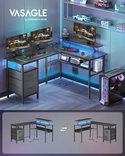 Birou in forma de L / birou de colt, Vasagle, Gaming Desk, cu suport monitor, sertare, priza incorporata si porturi USB, 120x150x89 cm, PAL/otel, negr