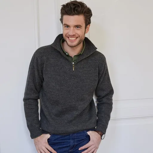 Pulover cu guler ridicat și fermoar, tricotat simplu cu 30% lână