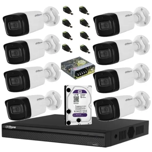 Sistem complet de supraveghere Dahua DH-8CEXT80MA-5MP HDCVI cu 8 camere de exterior de 5MP, 2.8mm, IR 80m, microfon