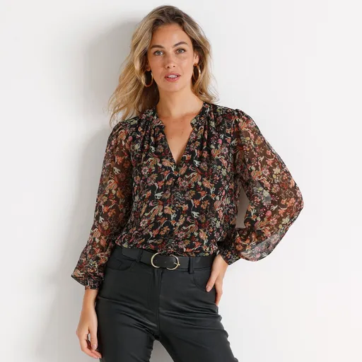 Bluză din voal cu guler înalt și imprimeu