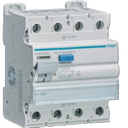 Intrerupator diferential RCCB Hager CDA640D, 4P 40A/30mA, 10kA, tip A