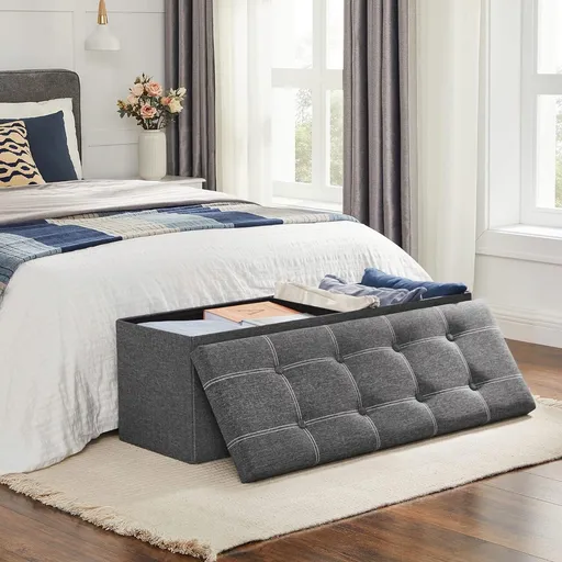 Bancheta cu spatiu pentru depozitare Songmics, 110 x 38 x 38 cm, pliabila, imitatie in/MDF, gri inchis