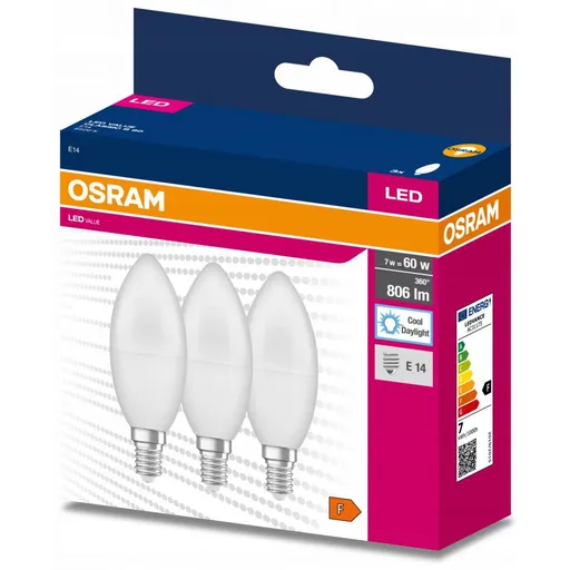 Set 3 becuri led lumanare 7.5W (60W), E14, B60, 806 lm, lumina rece (6500K), opal, Osram Osram 4058075385221