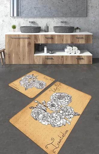 Set covorase de baie, L'essentiel Maison, Vintage Roses, Poliester, Galben / Negru / Alb