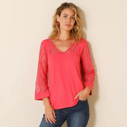 Tricou cu mâneci lungi și dantelă la spate