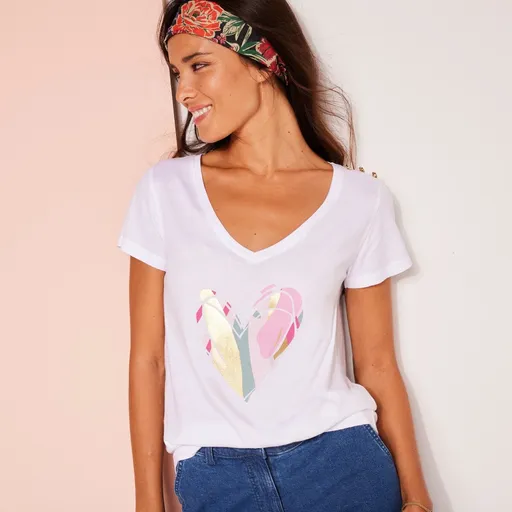 Tricou cu decolteu în V, cu imprimeu cu inimioare în centru