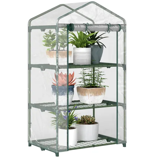 Outsunny Mini-Seră Portabilă cu Înveliș Plastic și Cadru Metalic, 3 Rafturi, Ușă cu Fermoar, 69x49x125 cm, Transparent | Aosom Romania