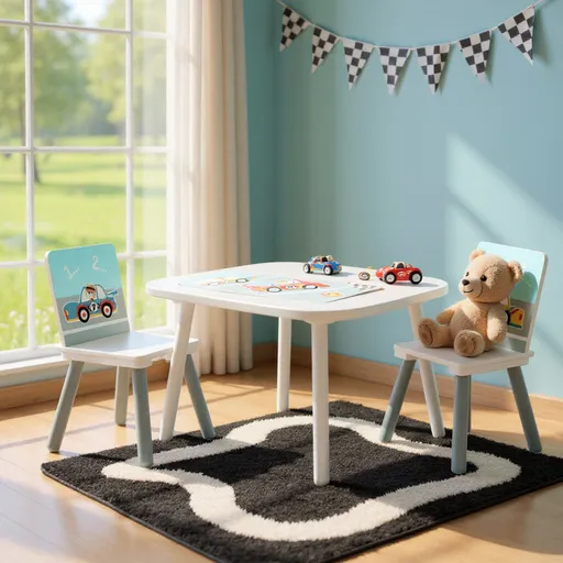 Set birou cu 2 scaune Cars, U-Grow, 60x60x44 cm / 26.8x26.8x51 cm, MDF/lemn de pin, alb/albastru