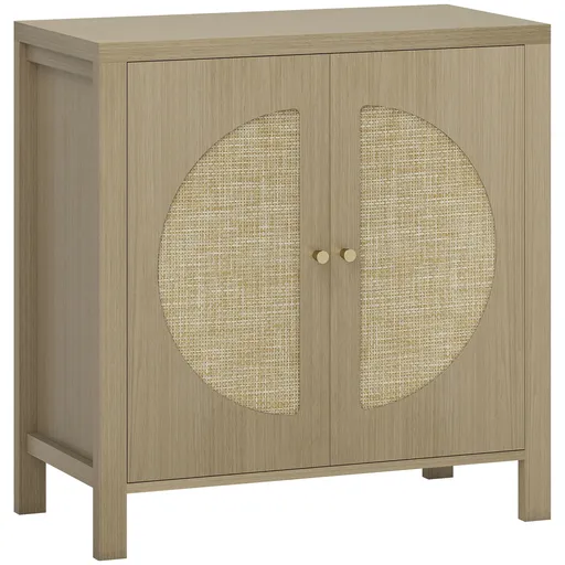 HOMCOM Bufet de bucătărie, mobilier de depozitare cu 2 uși cu efect ratan și raft reglabil, 75 x 38 x 77 cm, lemn natural | Aosom Romania