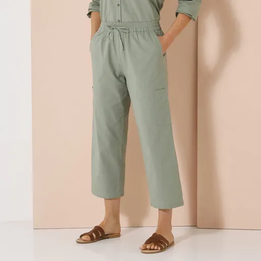 Pantaloni largi 7/8 din amestec bumbac/lin