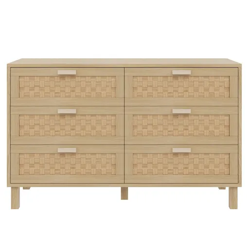 Comodă cu șase sertare din ratan, dulap de dormitor versatil cu spațiu generos de depozitare, 120x40x75 cm, Culoare naturală