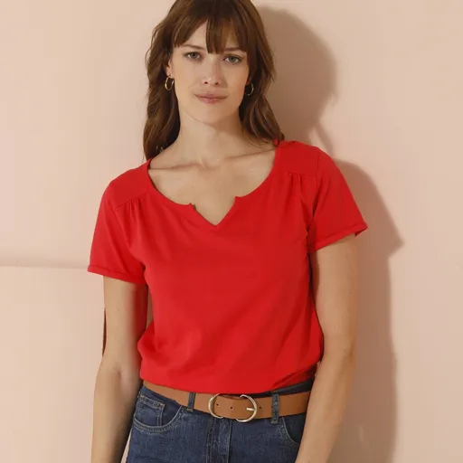 Tricou de culoare solidă cu decolteu tunisian