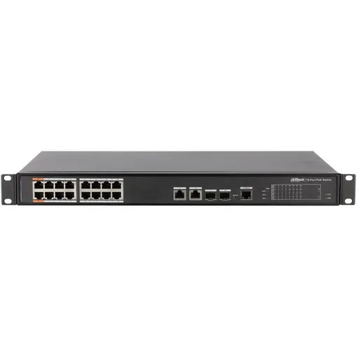 Switch 16 porturi PoE Dahua PFS4218-16ET-240-V3 cu management, 2 porturi gigabit prin FO, 240W, Hi-PoE