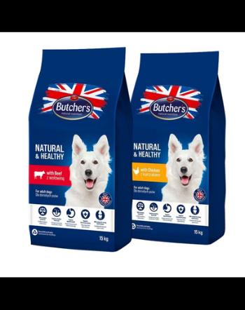 BUTCHER'S Natural&amp;Healthy mix arome mancare caine 2 x 15 kg pui si vita