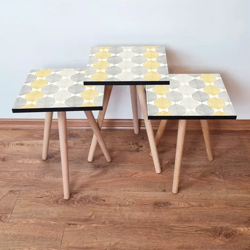 Set masute 3 piese, Hanah Home, 3Shp177, Gri / Alb / Galben