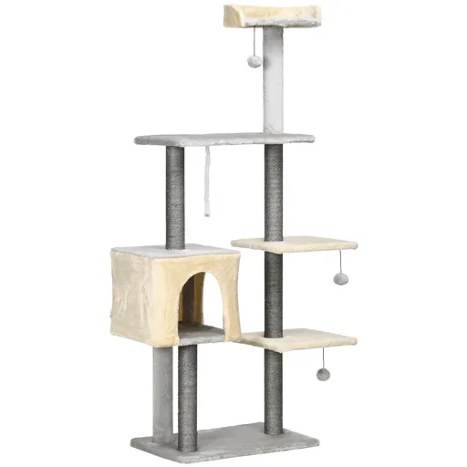 PawHut Ansamblu de Joacă pentru Pisici, Stâlp de Zgâriat din Sisal, Rampă, Casă, Jucărie cu Bile, Gri Deschis | Aosom Romania