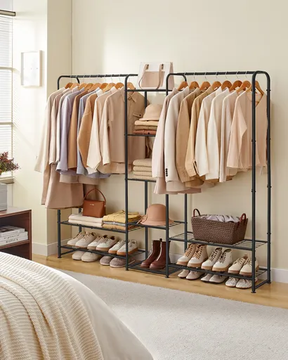 Suport pentru umerase cu rafturi, Songmics, 183x29x158.4 cm, otel, negru