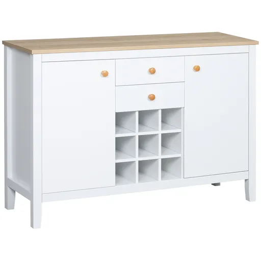 HOMCOM Bufet mobilier de depozitare cu 2 sertare, 2 uși rafturi reglabile și suport pentru sticle pentru 9 sticle, alb | Aosom Romania