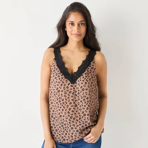Top din dantelă cu decolteu în V, imprimeu cu blană animală