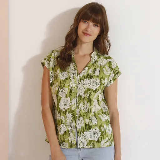 Bluză cu nasturi, cu decolteu în V și imprimeu floral