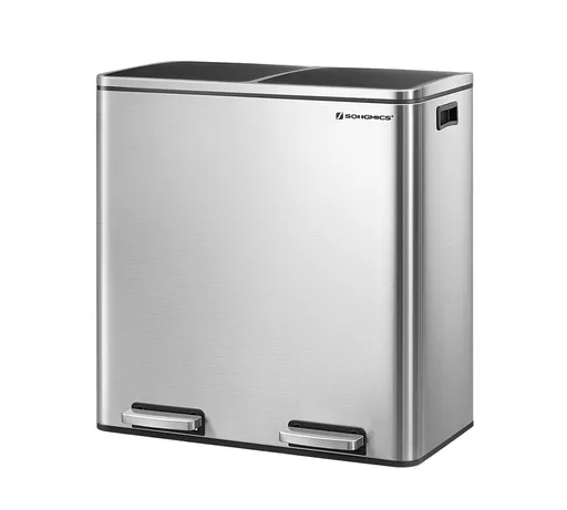 Cos de gunoi dublu cu pedala, Songmics, 2 x 30 L, 58.5x36x65.2 cm, inox/polipropilena, argintiu