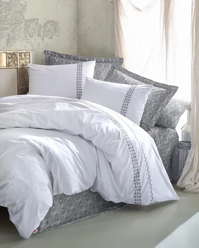 Lenjerie de pat dubla, L'essentiel Maison, Paola, Bumbac, Gri/Alb