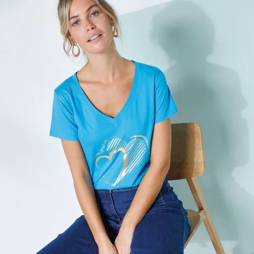 Tricou cu decolteu în V, cu mâneci scurte și imprimeu cu inimă pe față