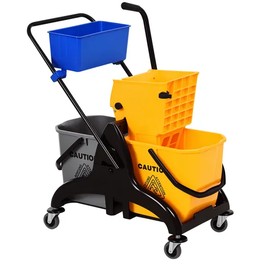 HOMCOM Chariot de curățenie cu exprimare cu găleată laterală de stoarcere 26 L + coș de depozitare 78 x 45 x 95 cm galben | Aosom Romania