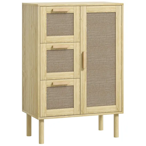 HOMCOM Armoire mobilier de depozitare stil boem cu 3 sertare și 3 rafturi, fațadă din răchită țesută, compact, 55 x 30 x 82 cm | Aosom Romania