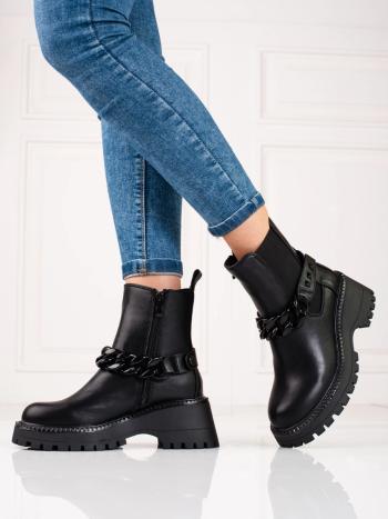 Femei la modă cizme de gleznă negre la modă pe toc plat