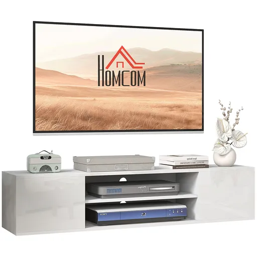 HOMCOM Dulap TV suspendat pe perete, stil contemporan, 2 dulapuri, 2 rafturi centrale, 2 orificii pentru cabluri, 140x30x30 cm, alb | Aosom Romania