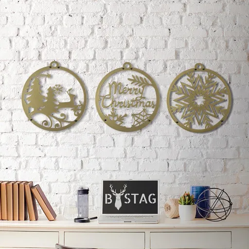 Decoratiune de perete, Merry Christmas, 23 x 25 cm, 3 piese, Auriu